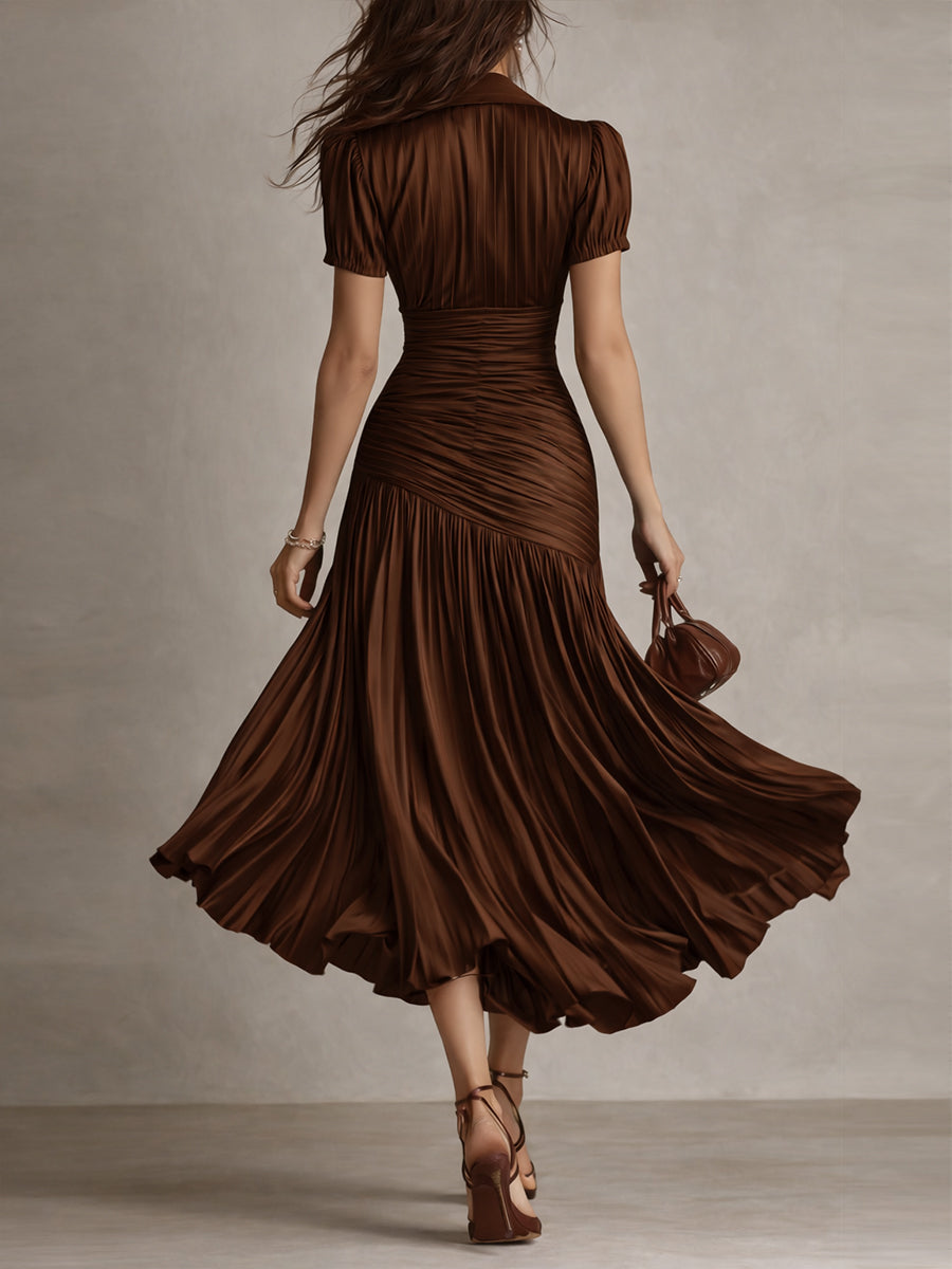 Women's Satin V-Neck Pleated Midi Dress