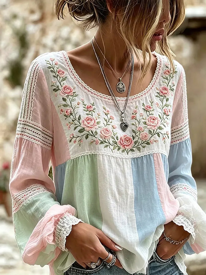 Women's Embroidered Linen Blouse Long Sleeve Casual Top