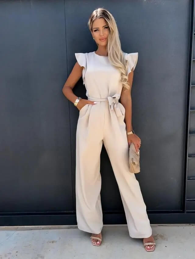 Women's Linen Ruffle Sleeve Belted Jumpsuit Wide Leg