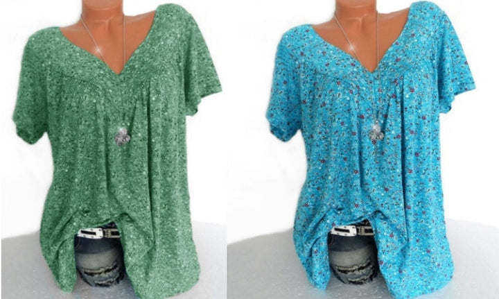 Women’s Linen Printed V-Neck Short-Sleeve Blouse