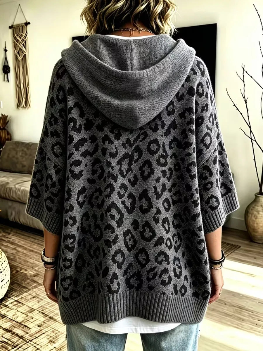 Women's Hooded Leopard Print Knit Poncho Sweater Pullover Jumper