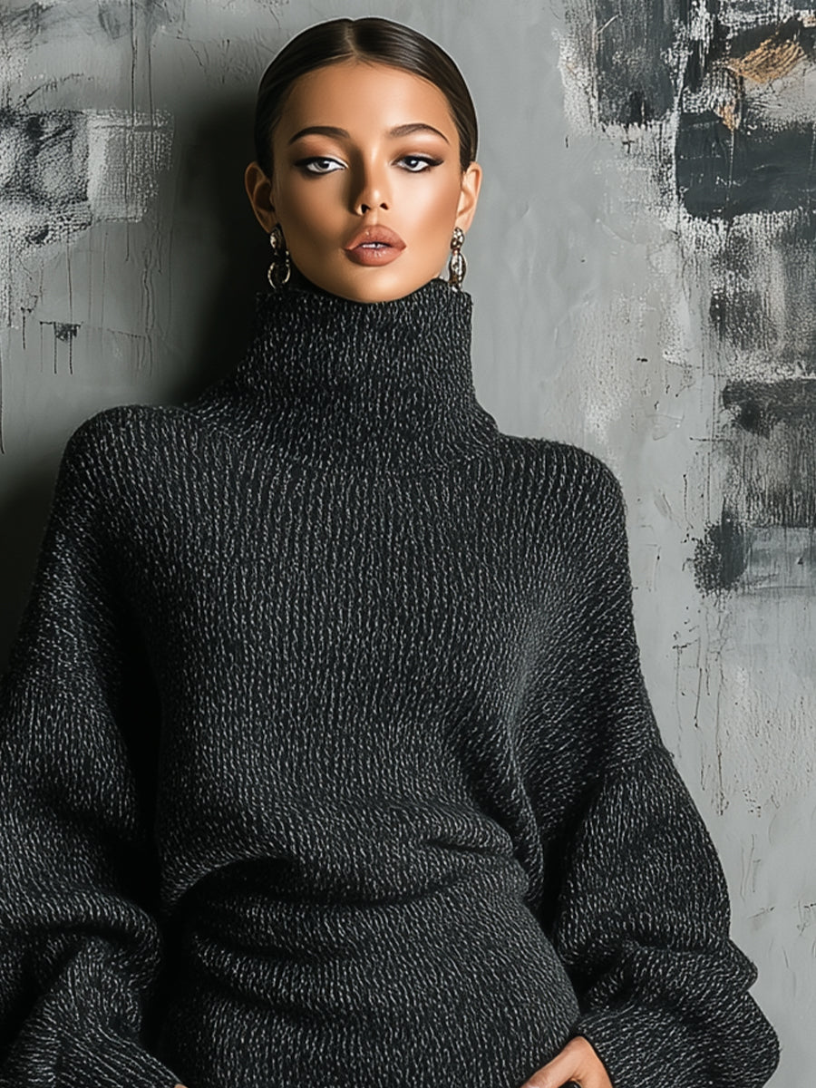 Women's Rayon Knit Oversized Turtleneck Long-Sleeve Midi Dress