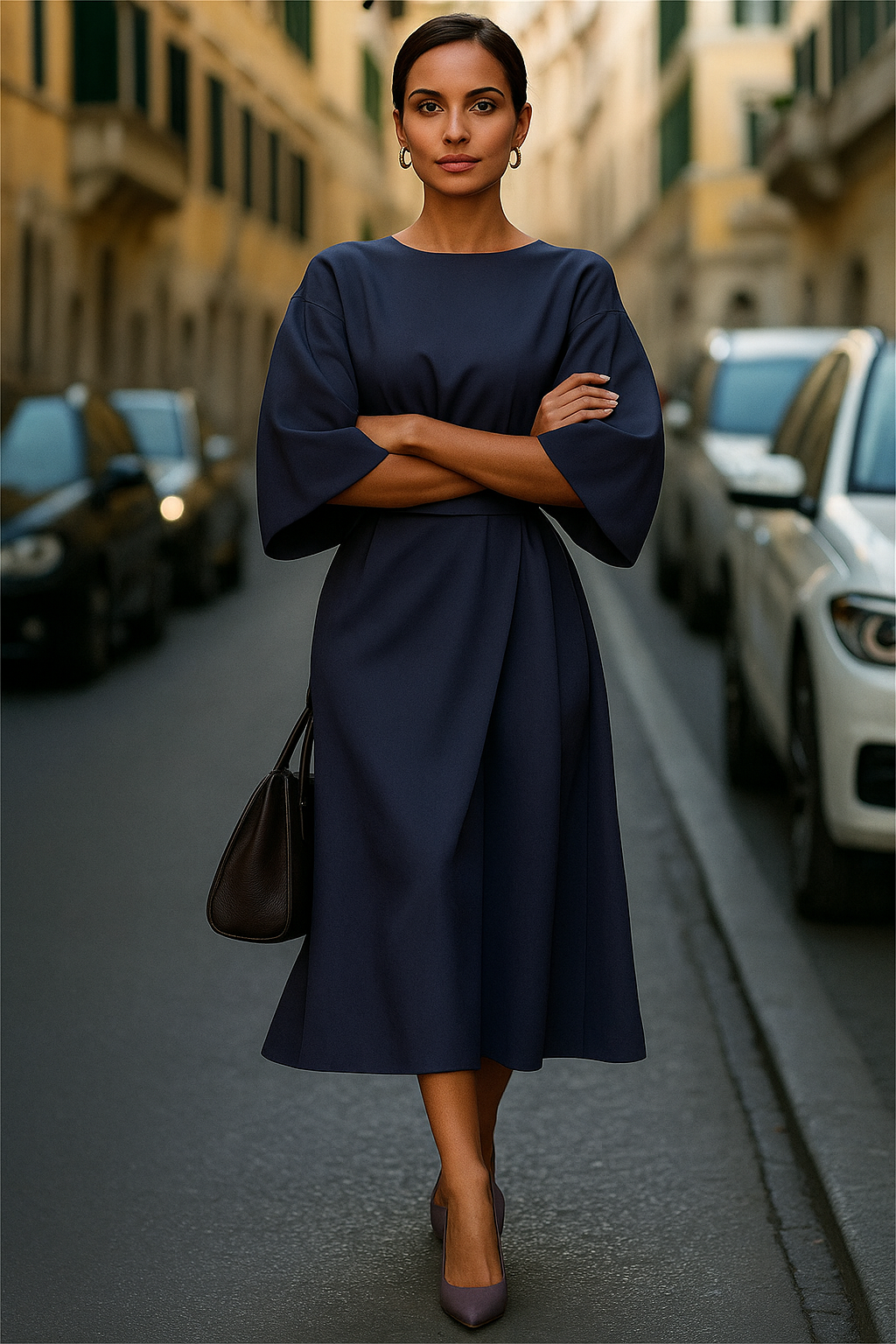 Women's Knit Balloon-Sleeve A-Line Midi Dress