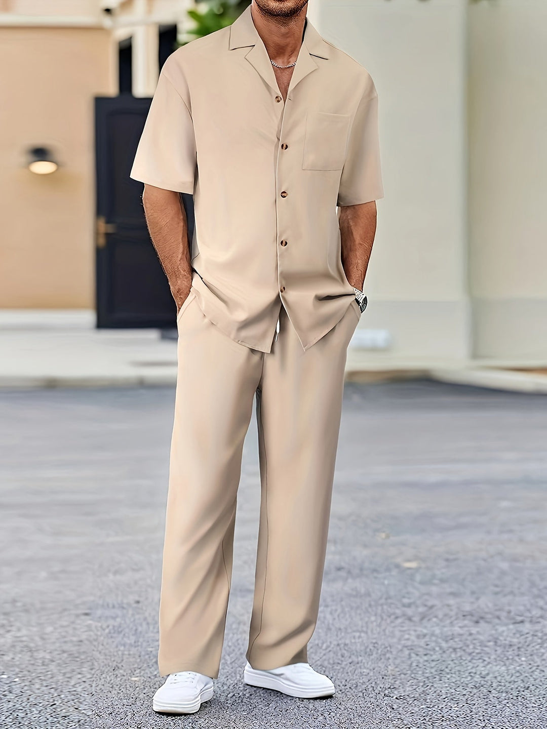 Men's Linen Blend Short Sleeve Shirt and Trousers 2-Piece Set