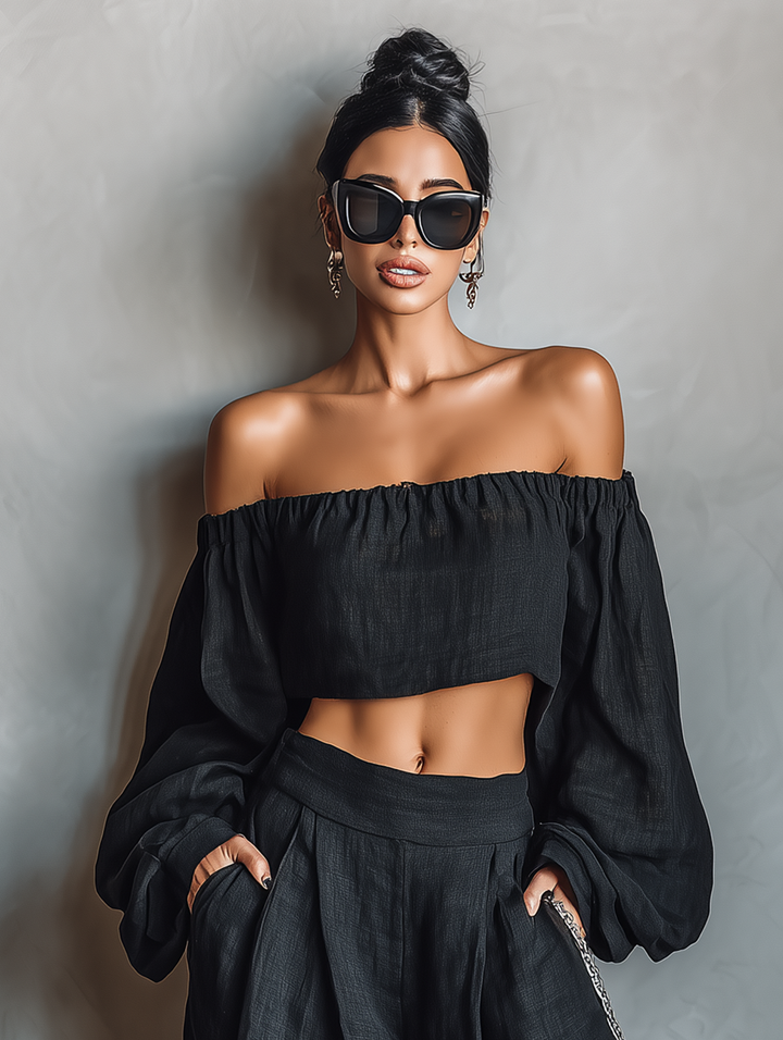 Women's Linen Blend Off-Shoulder Long Sleeve Crop Top & Wide-Leg Pants Set