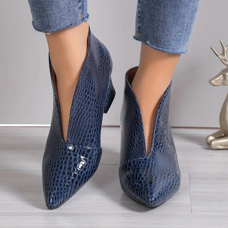 Women's Leather Pointed Toe V Cut Chunky Heel Ankle Boots