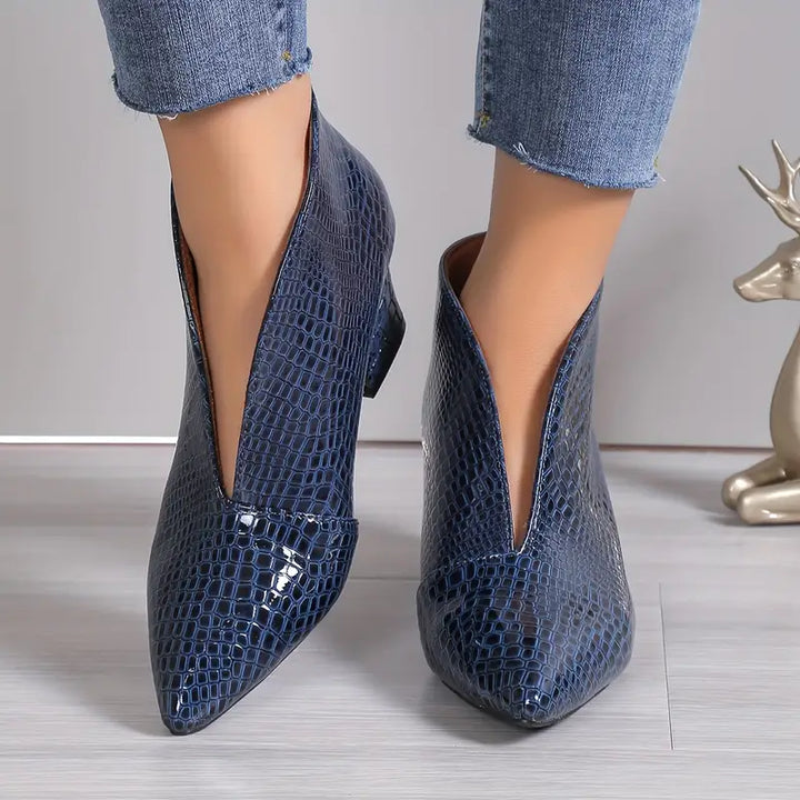Women's Leather Pointed Toe V Cut Chunky Heel Ankle Boots