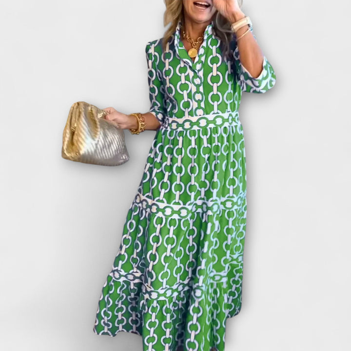 Women's Satin Button-Front Chain-Print Midi Dress