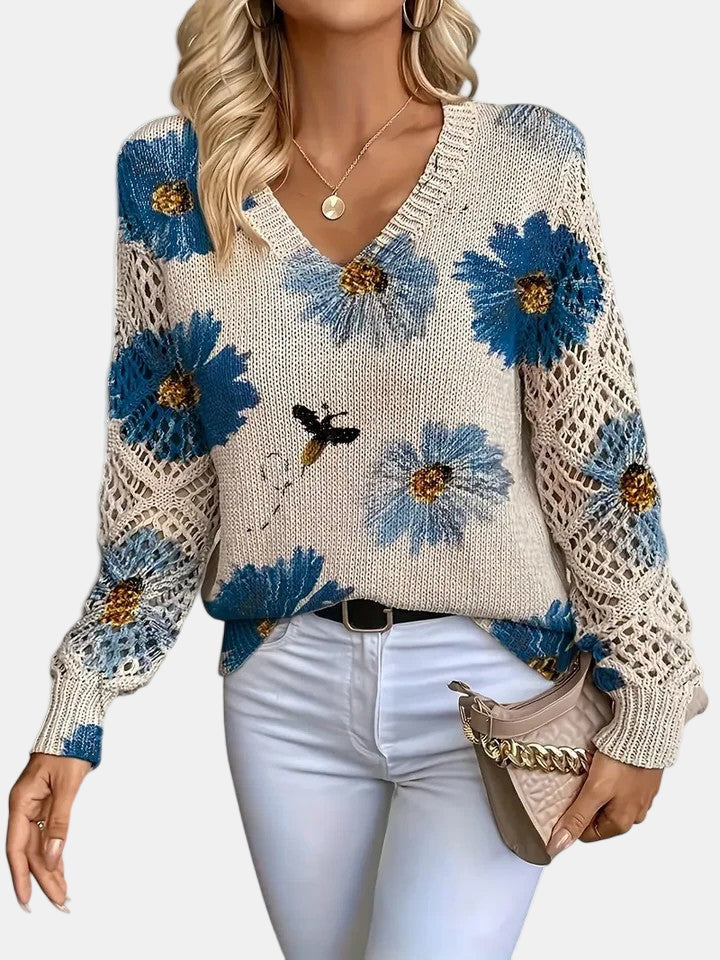 Women's Long Sleeve Knit V-Neck Floral Sweater Jumper