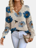 Women's Long Sleeve Knit V-Neck Floral Sweater Jumper