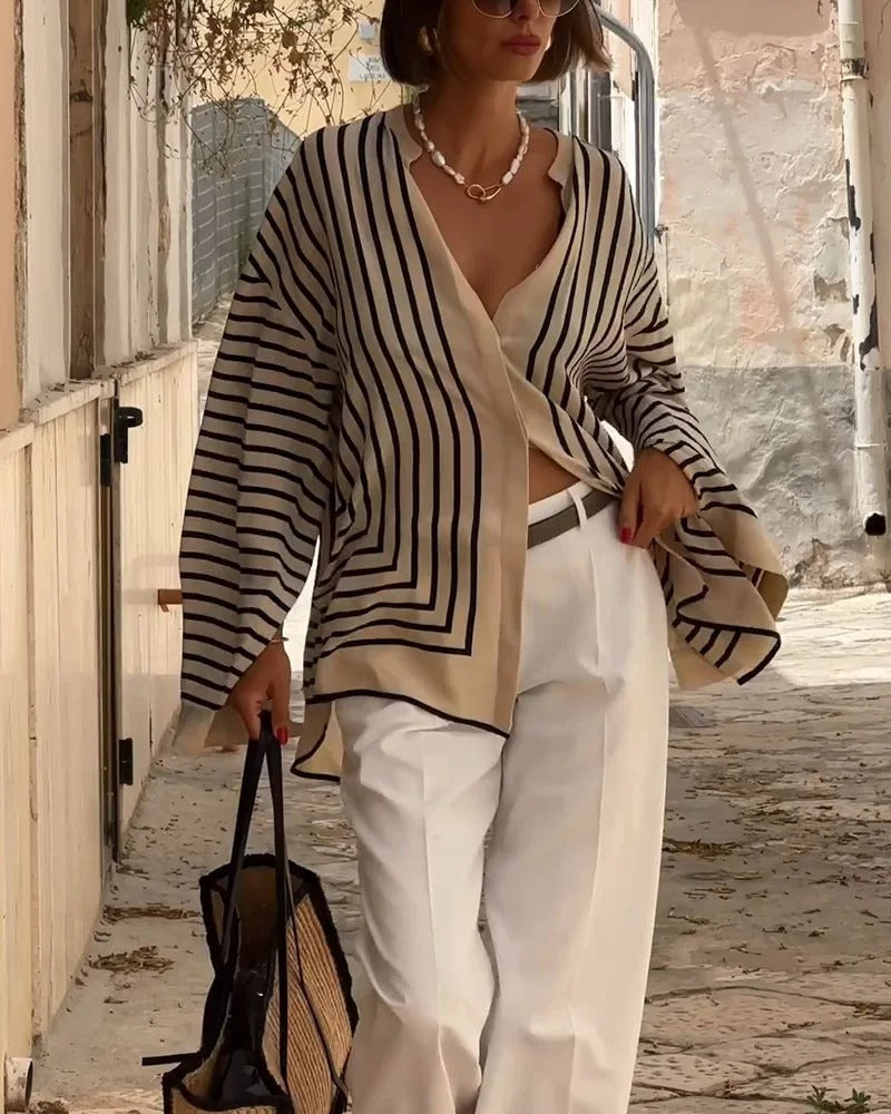 Women’s Linen-Blend Striped Button-Up Blouse