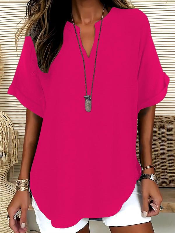 Women Linen Blouse V Neck Short Sleeve Casual Tunic Top