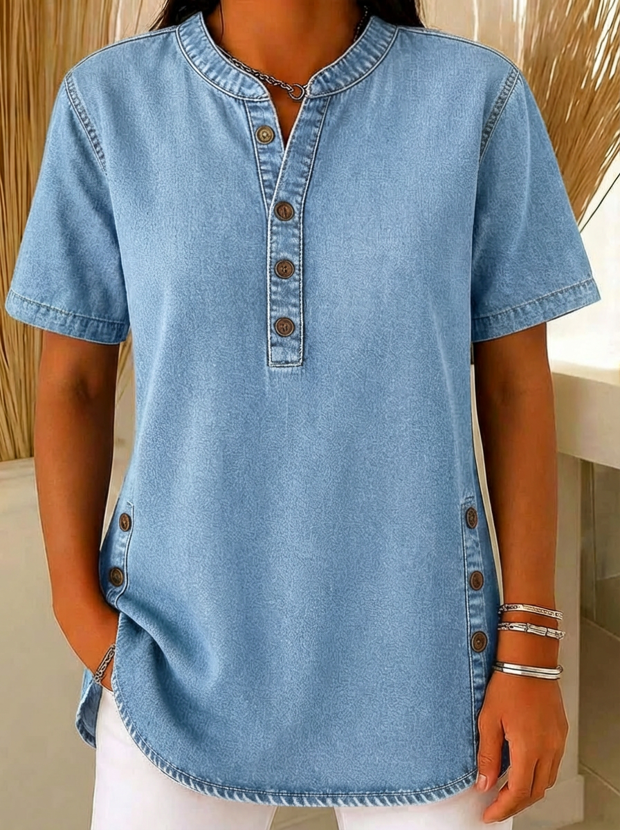 Women's Denim Short Sleeve Henley Shirt Tunic Top