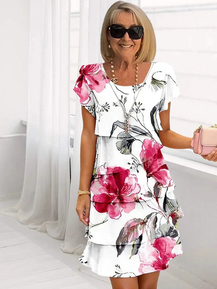Women's Linen Blend Short-Sleeve Tiered Floral Dress