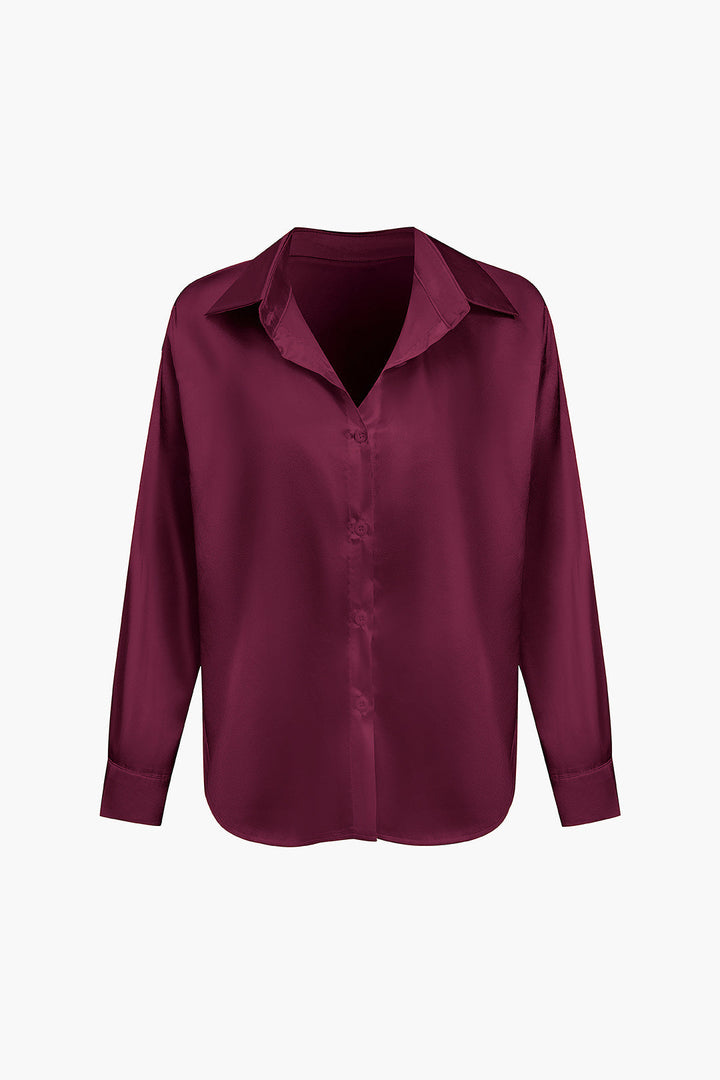 Women's Satin Long-Sleeve Blouse Elegant Silk-Feel Button-Down Shirt