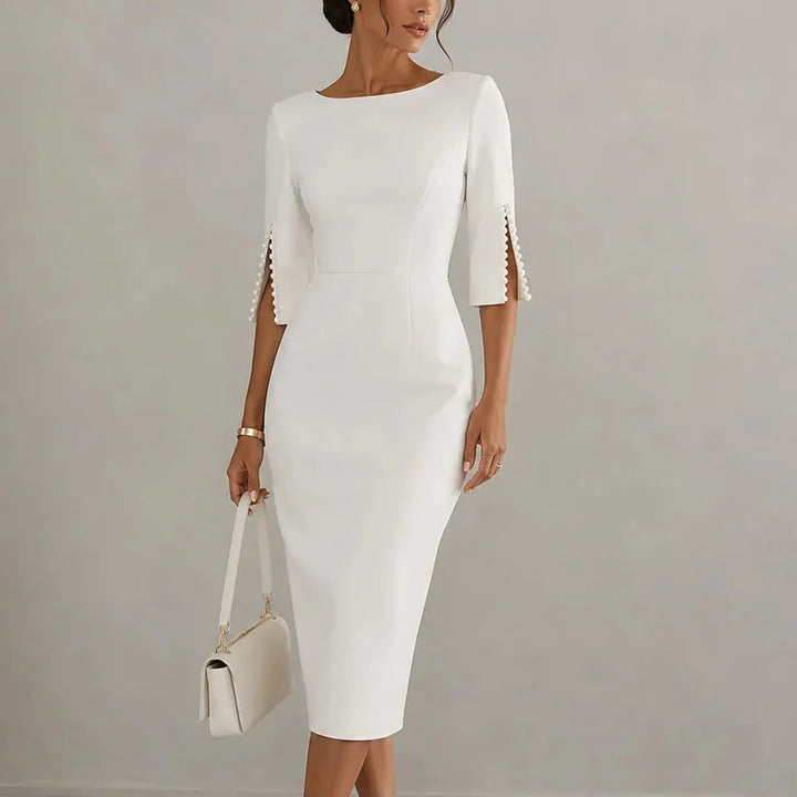 Women Crepe Pearl Sleeve Slim Fit Pencil Midi Dress