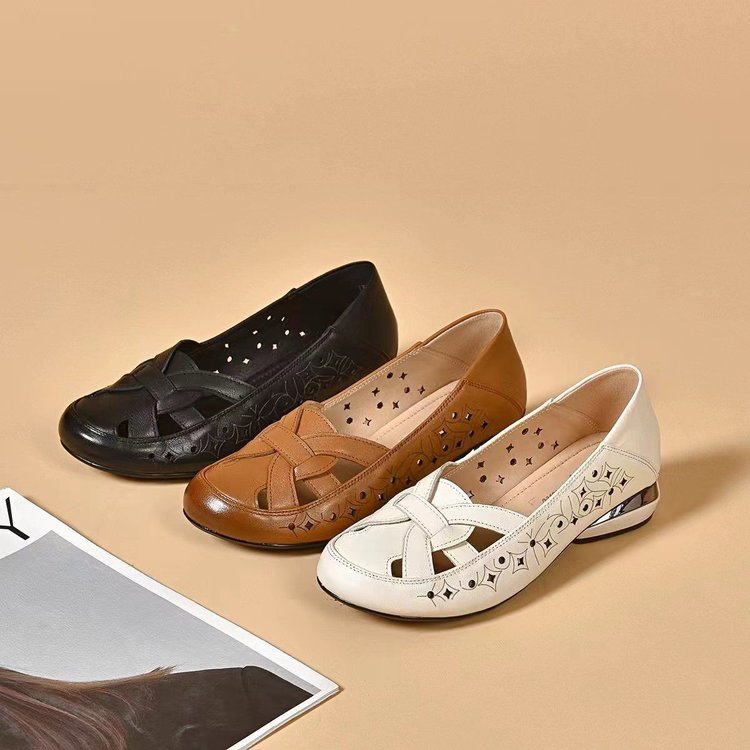 Women's Leather Loafers Block Heel Slip On Shoes