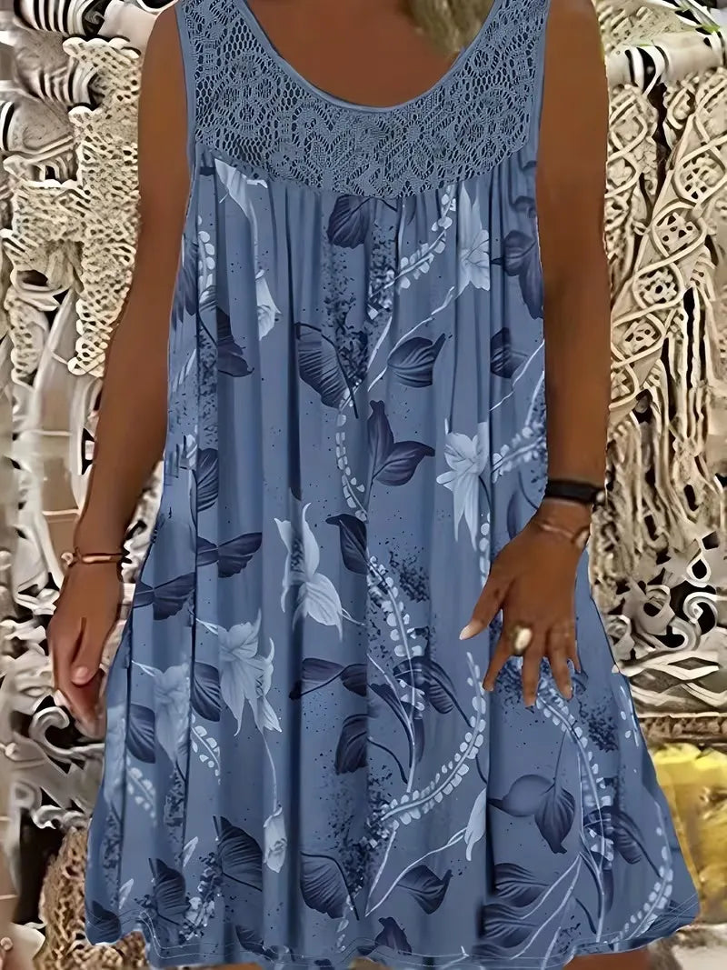 Women's Linen Sleeveless Casual Floral Print Beach Dress