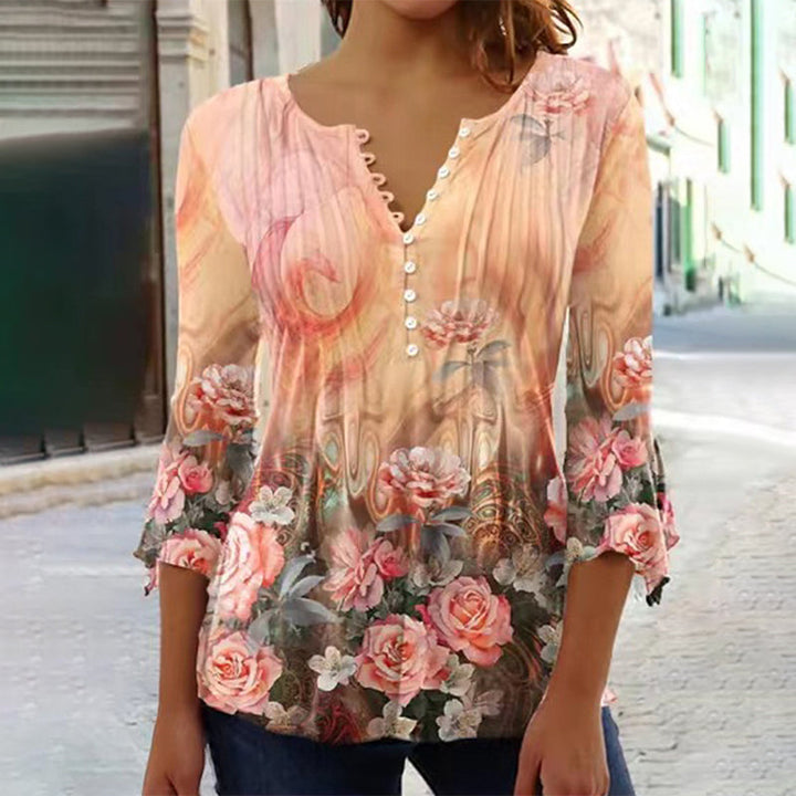 Women's Linen Floral Blouse V Neck 3/4 Sleeve Top