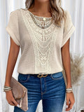 Knit Top Women's Round Neck Lace Trim Short Sleeve Shirt