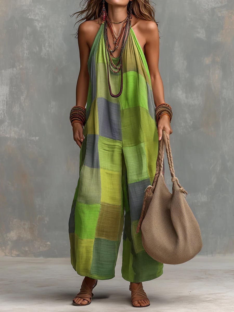 Women's Linen Patchwork Halter Neck Wide Leg Jumpsuit