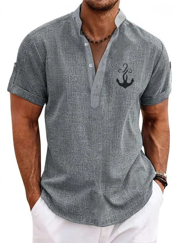 Men Henley Linen Shirt Casual Short Sleeve Cross Graphic Tee