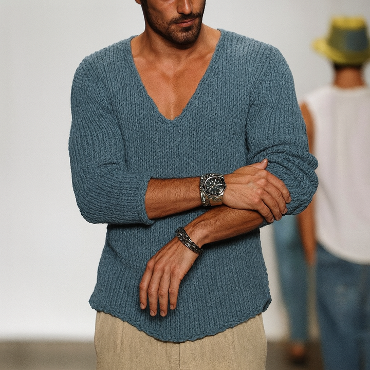 Men's Merino Wool Deep V-Neck Knit Sweater