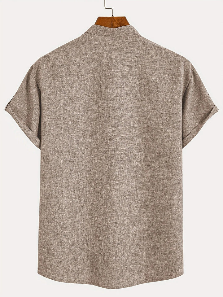 Men Henley Linen Shirt Casual Short Sleeve Cross Graphic Tee