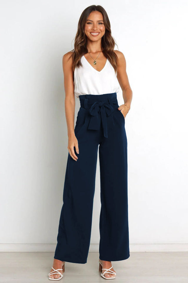 Women's High Waist Wide Leg Linen Trousers with Belt