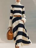 Women’s Striped High-Neck Belted Knit Maxi Dress