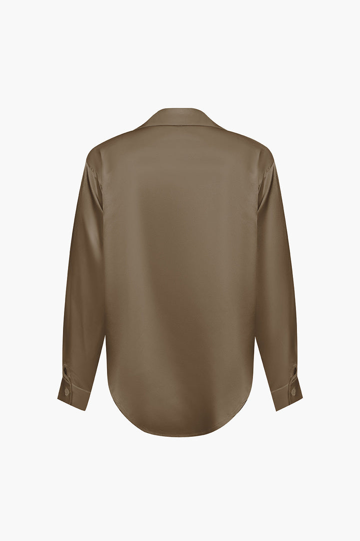 Women's Satin Long-Sleeve Blouse Elegant Silk-Feel Button-Down Shirt