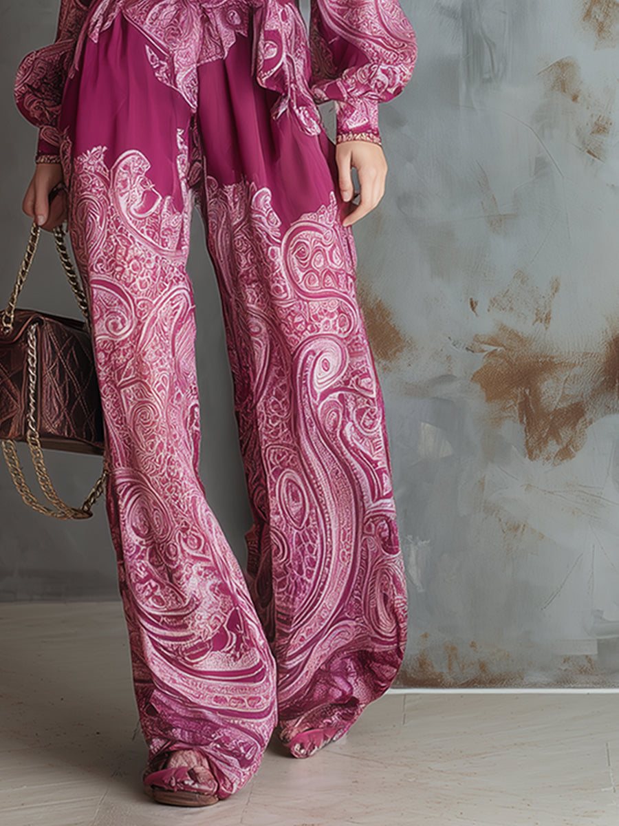Women's Satin Paisley Wide Leg Jumpsuit Long Sleeve Evening Romper