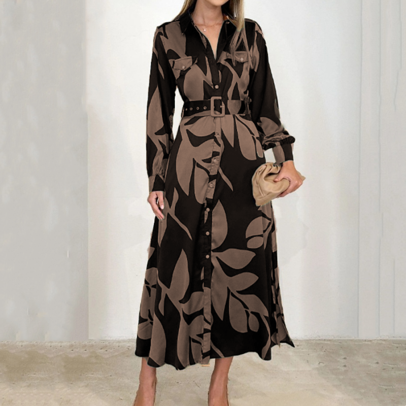 Women’s Printed Linen Button-Front Maxi Shirt Dress