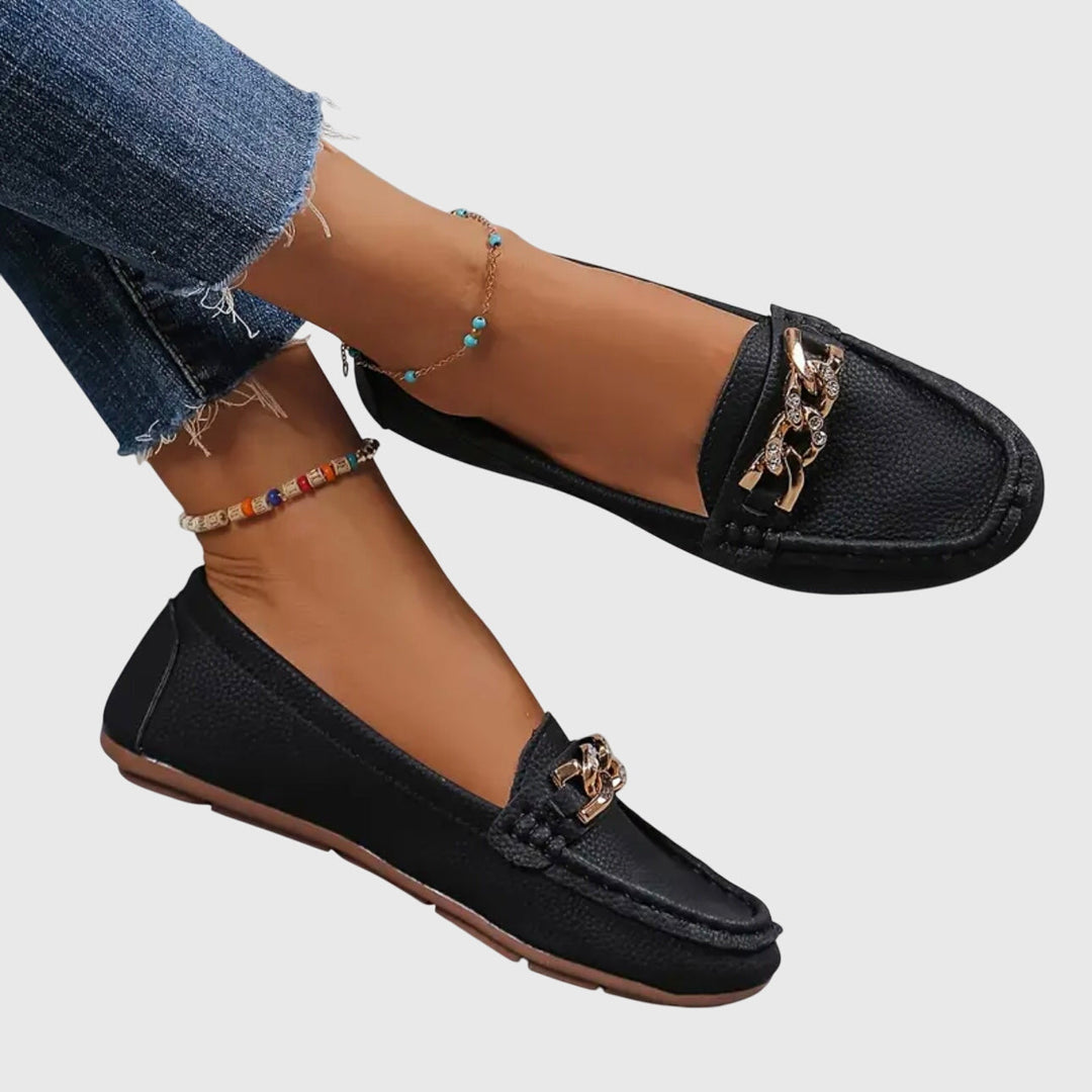 Women's Leather Loafers Chain Flat Shoes Moccasins Slips On