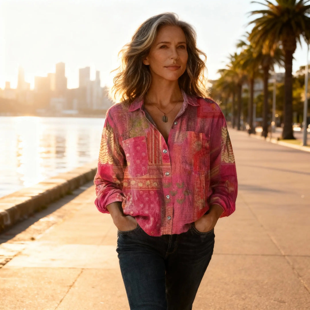 Women's Blouse Cotton Vintage Print Summer Long Sleeve Shirt