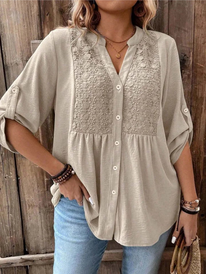 Women's Blouse Linen Boho Embroidered V Neck Long Sleeve Top