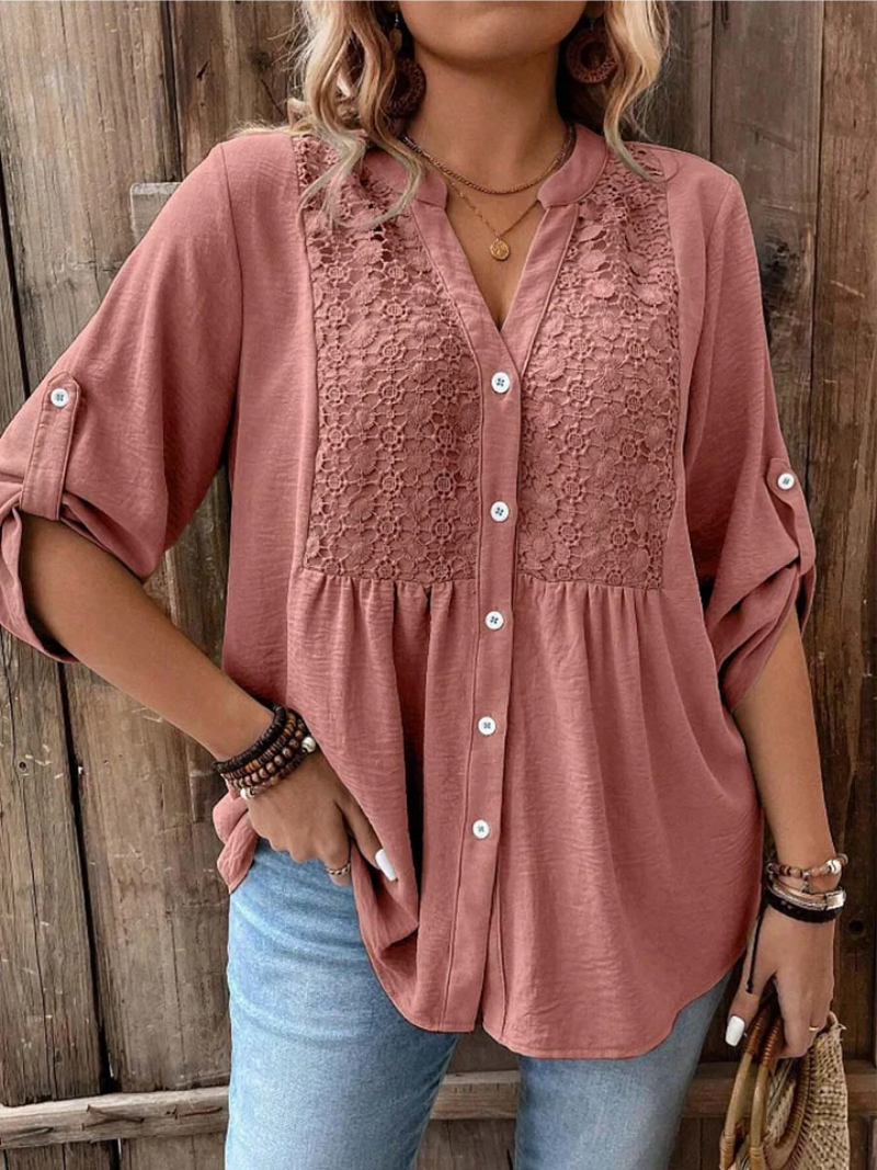 Women's Blouse Linen Boho Embroidered V Neck Long Sleeve Top