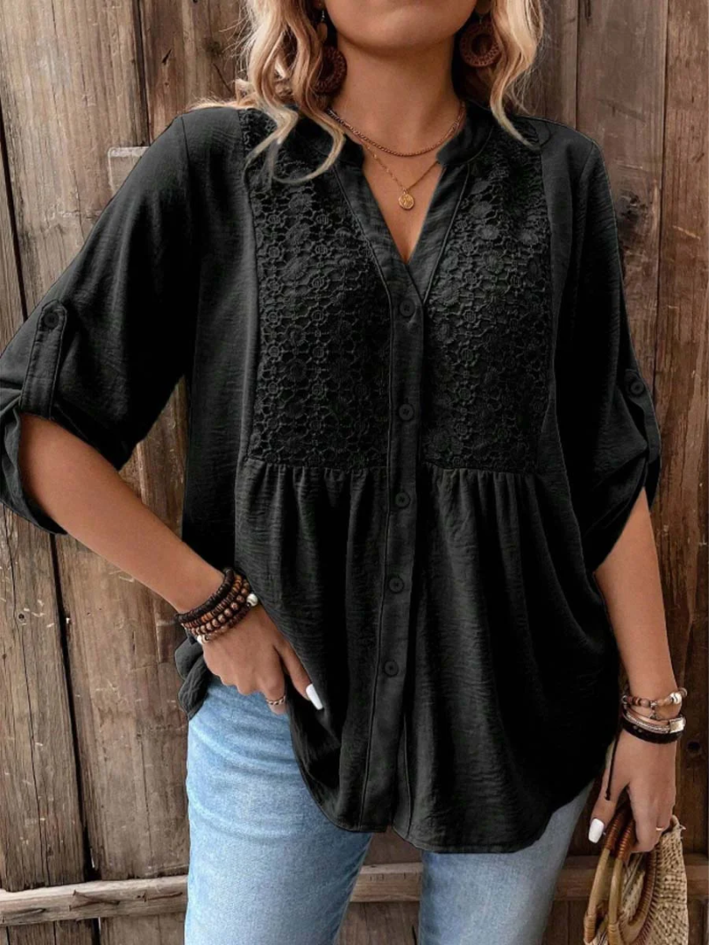 Women's Blouse Linen Boho Embroidered V Neck Long Sleeve Top