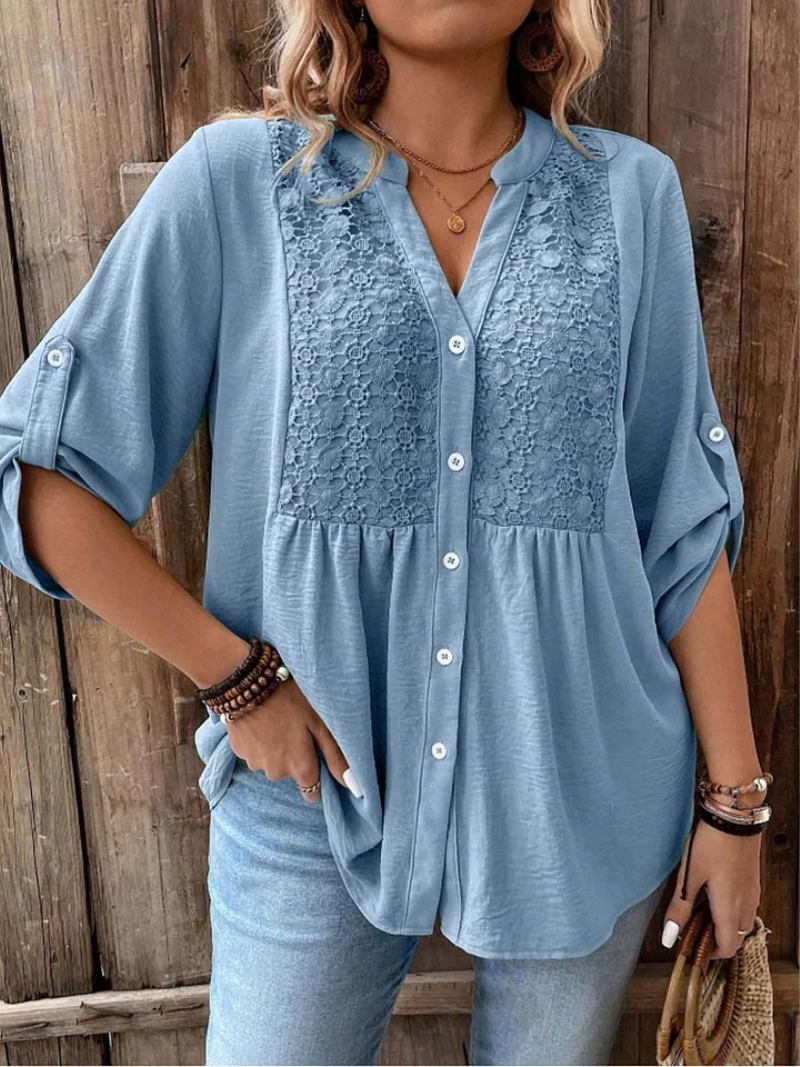 Women's Blouse Linen Boho Embroidered V Neck Long Sleeve Top