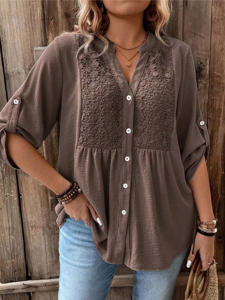 Women's Blouse Linen Boho Embroidered V Neck Long Sleeve Top