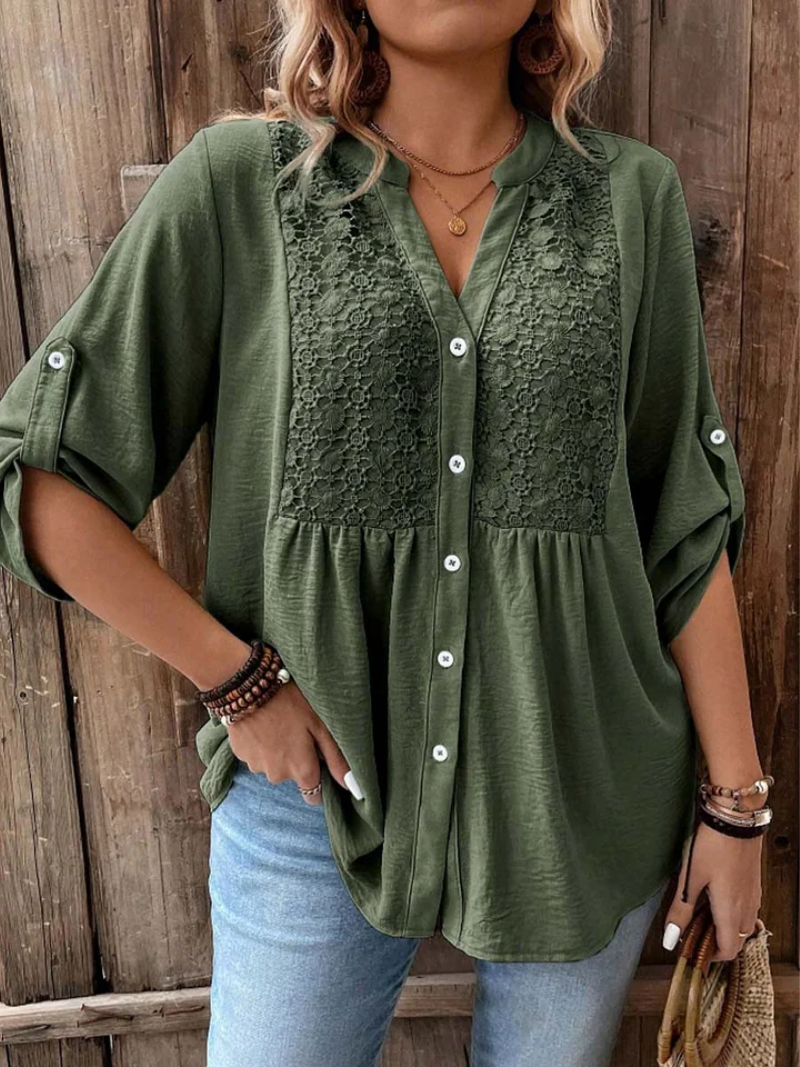 Women's Blouse Linen Boho Embroidered V Neck Long Sleeve Top