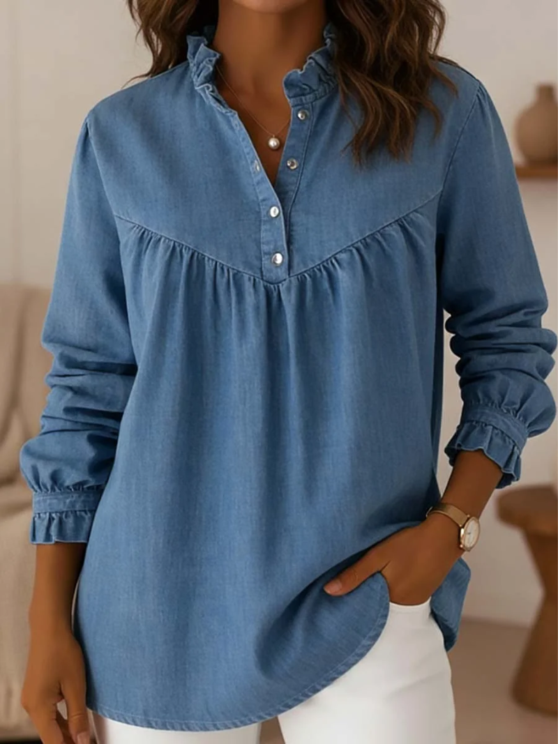 Women’s Denim Ruffle-Neck Button-Up Blouse