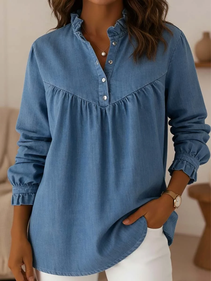Women’s Denim Ruffle-Neck Button-Up Blouse