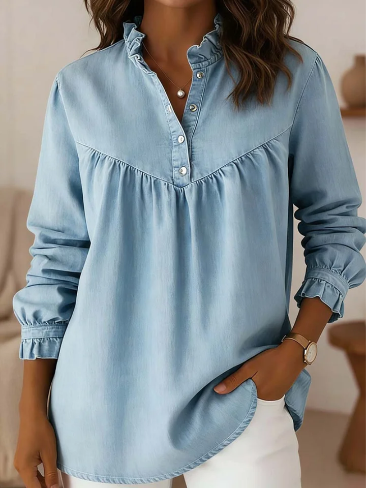 Women’s Denim Ruffle-Neck Button-Up Blouse