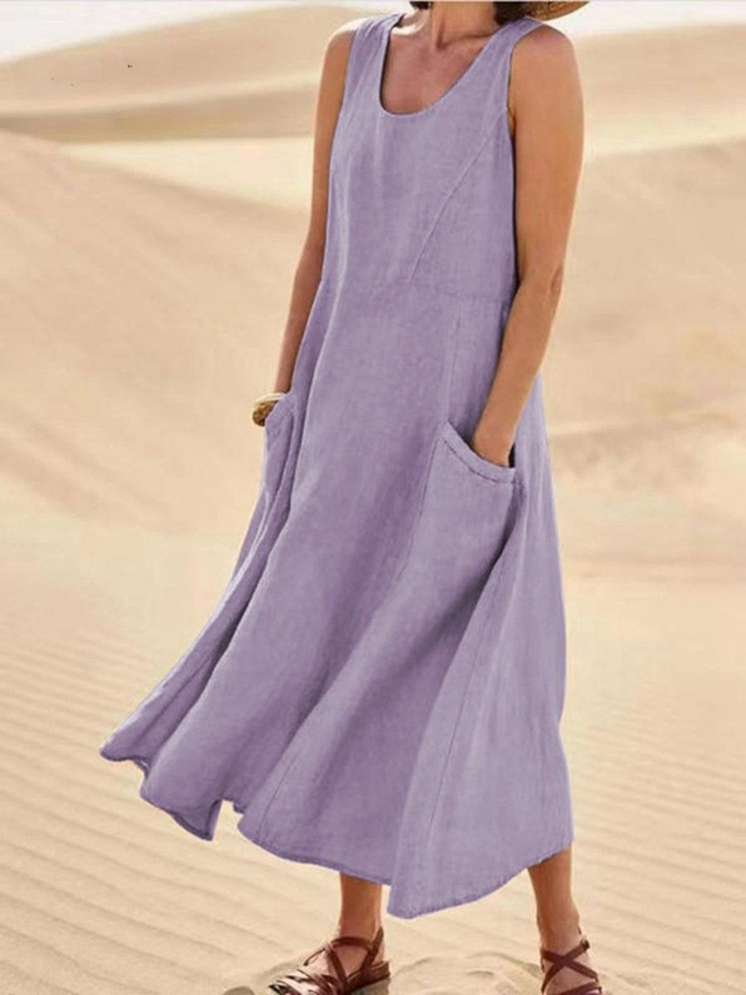 Women's Linen Loose Fit Round Neck Sleeveless Long Maxi Dress