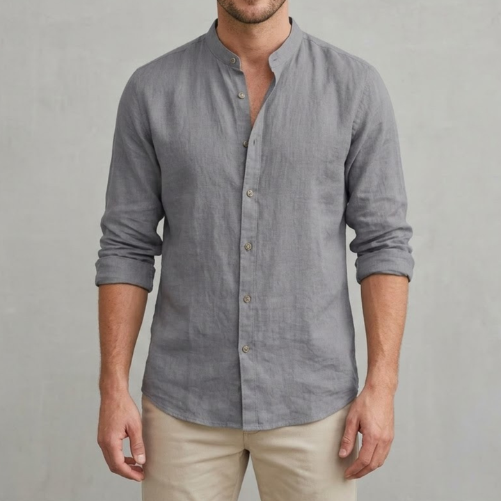 Linen Shirt Men's Grandad Collar Long Sleeve Casual Top
