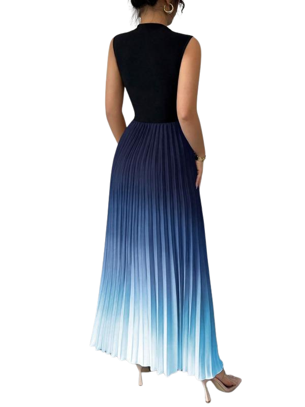 Women's Sleeveless Mock Neck Pleated Maxi Dress Ombre Formal Gown