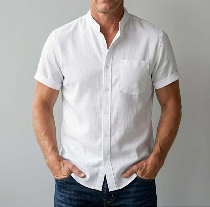 Men's Linen Stand Collar Short Sleeve Casual Shirt