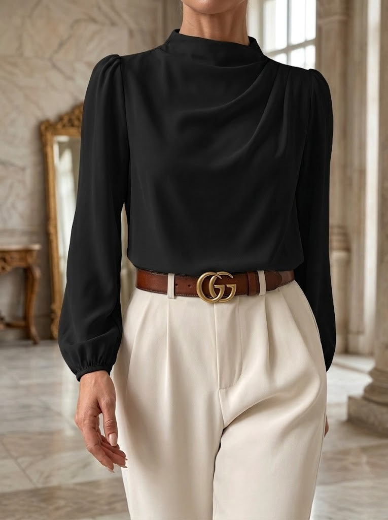 Women's Satin High Neck Blouse Long Sleeve Draped Silk Shirt