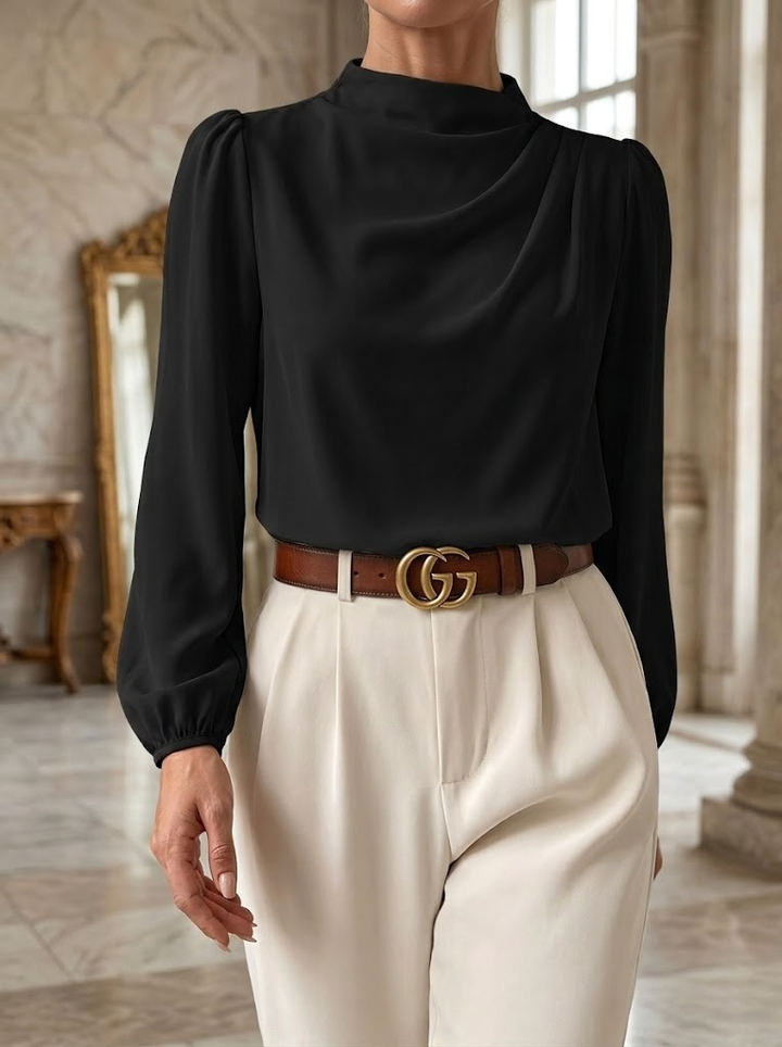 Women's Satin High Neck Blouse Long Sleeve Draped Silk Shirt